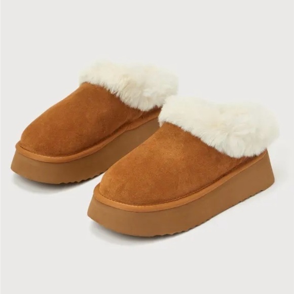 Steve Madden Chaplin Tan Suede Leather Faux Fur Flatform Slippers Booties NWT 6 - Picture 2 of 8
